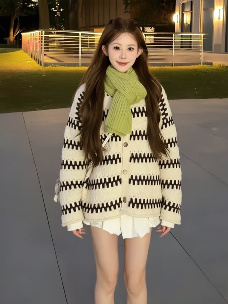 보존 섹션 추천 느긋한 바람 레트로 물결무늬 스트라이프 라운드 넥 스웨터 오픈 가디건 여성 겨울 루즈핏 니트 재킷 상세 이미지 7