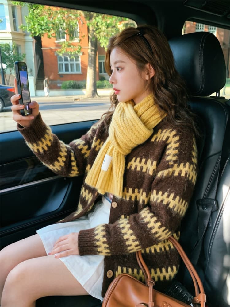 보존 섹션 추천 느긋한 바람 레트로 물결무늬 스트라이프 라운드 넥 스웨터 오픈 가디건 여성 겨울 루즈핏 니트 재킷 상세 이미지 8