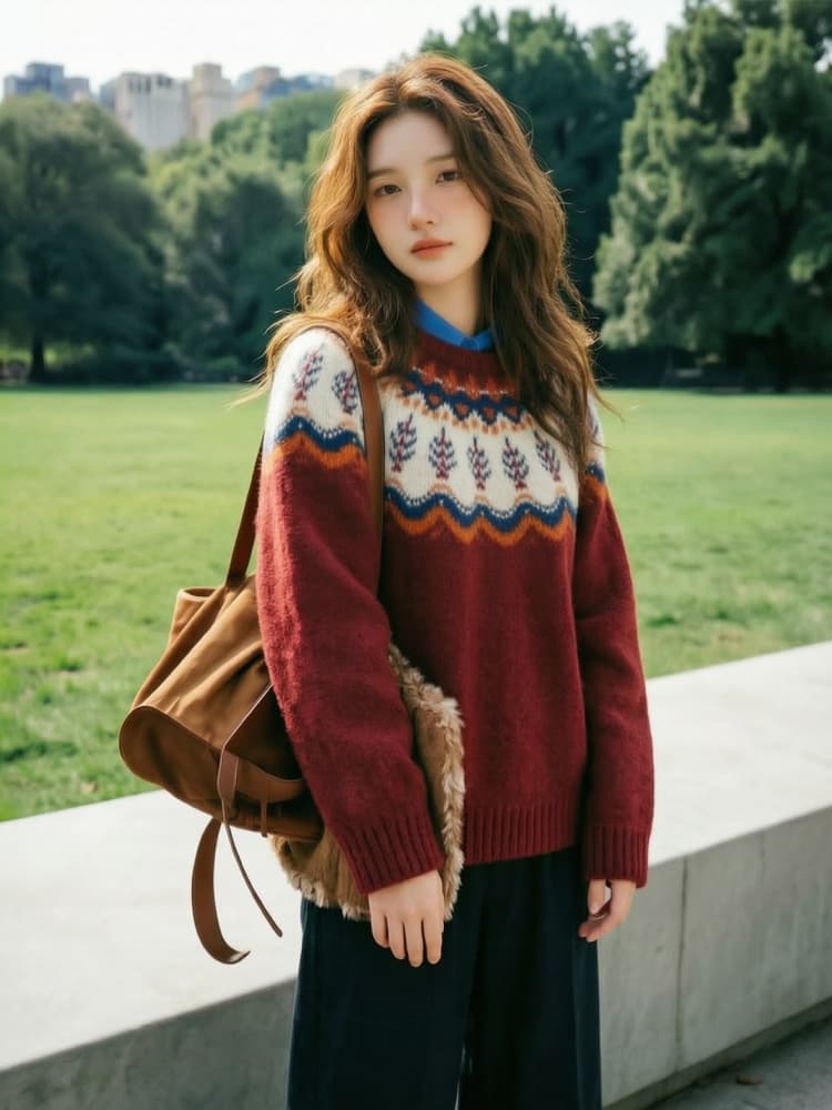레트로 공정한 섬 자카드 파란색 스웨터 여자 겨울 인사이드 가져 가라. 라운드 넥 풀오버 느긋한 바람 니트 스웨터 맨위
