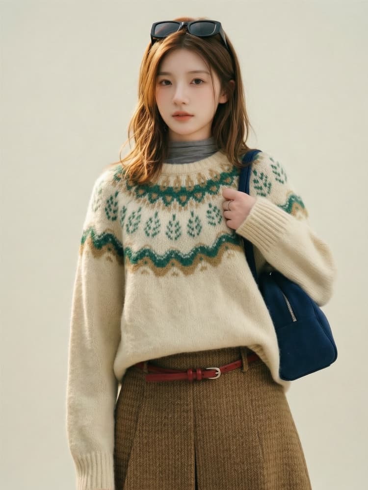 레트로 공정한 섬 자카드 파란색 스웨터 여자 겨울 인사이드 가져 가라. 라운드 넥 풀오버 느긋한 바람 니트 스웨터 맨위 이미지 3