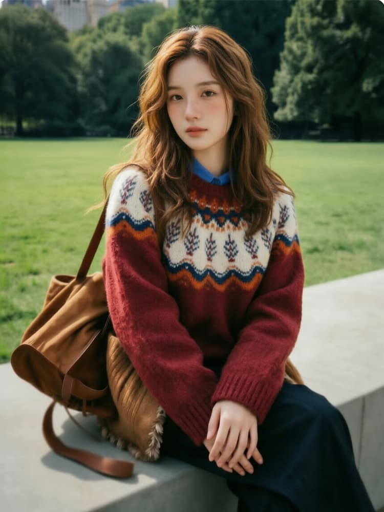 레트로 공정한 섬 자카드 파란색 스웨터 여자 겨울 인사이드 가져 가라. 라운드 넥 풀오버 느긋한 바람 니트 스웨터 맨위 상세 이미지 2