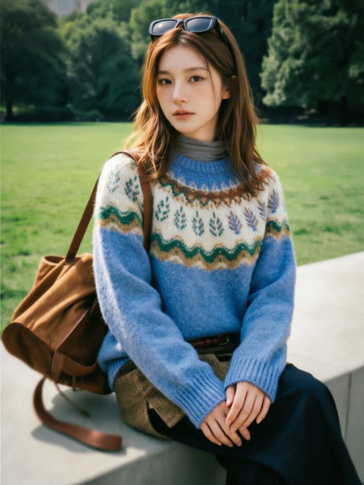 레트로 공정한 섬 자카드 파란색 스웨터 여자 겨울 인사이드 가져 가라. 라운드 넥 풀오버 느긋한 바람 니트 스웨터 맨위 상세 이미지 3