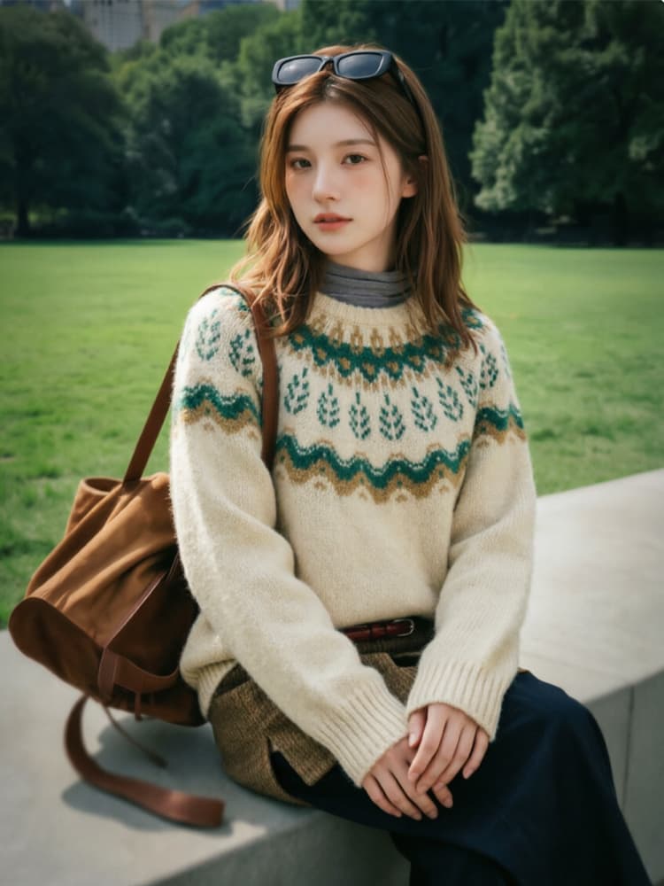 레트로 공정한 섬 자카드 파란색 스웨터 여자 겨울 인사이드 가져 가라. 라운드 넥 풀오버 느긋한 바람 니트 스웨터 맨위 상세 이미지 5