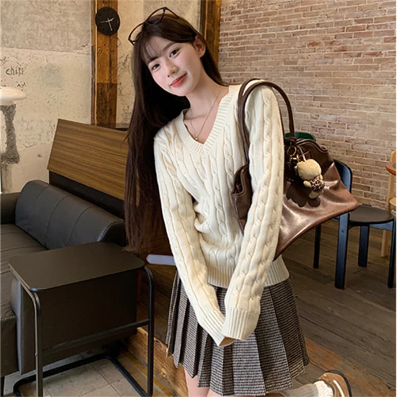 앤디 플러시 워시 물 고급 센스 V넥 여성 가을 겨울 꽈배기 니트 스웨터 한 부서 착용 가져 가라. 슬림해 보이는 기본 셔츠 이미지 5