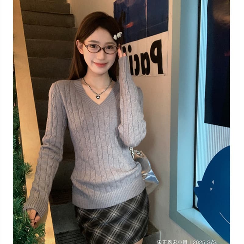 앤디 플러시 워시 물 고급 센스 V넥 여성 가을 겨울 꽈배기 니트 스웨터 한 부서 착용 가져 가라. 슬림해 보이는 기본 셔츠 상세 이미지 15