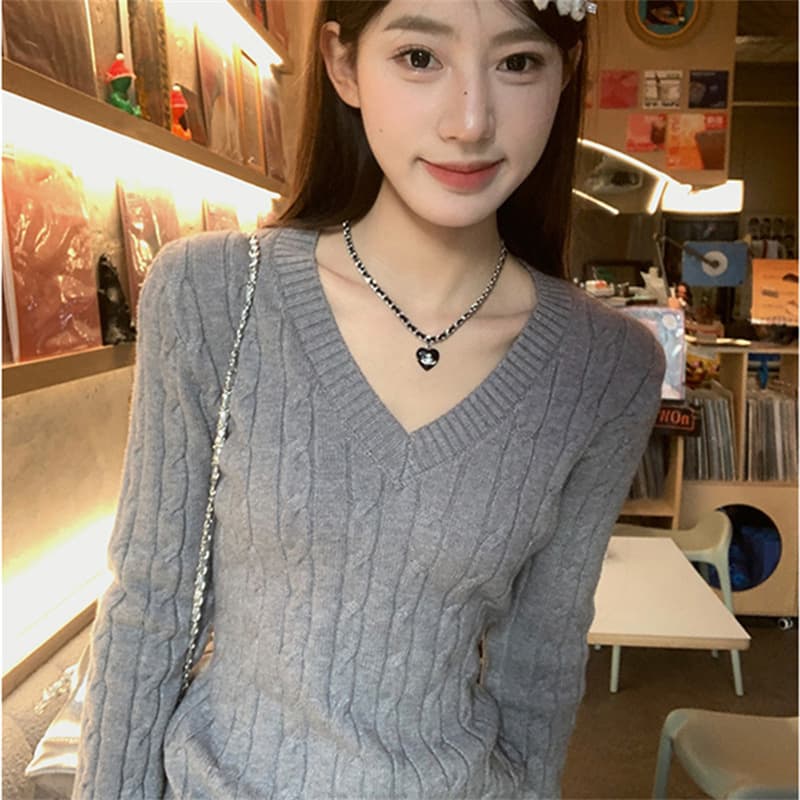 앤디 플러시 워시 물 고급 센스 V넥 여성 가을 겨울 꽈배기 니트 스웨터 한 부서 착용 가져 가라. 슬림해 보이는 기본 셔츠 상세 이미지 16