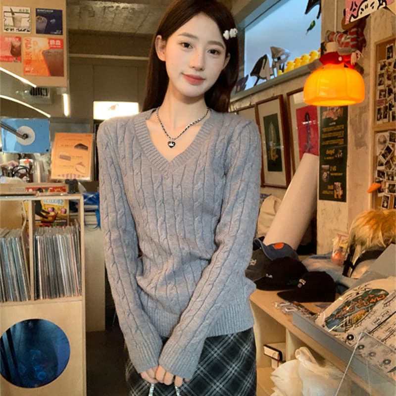앤디 플러시 워시 물 고급 센스 V넥 여성 가을 겨울 꽈배기 니트 스웨터 한 부서 착용 가져 가라. 슬림해 보이는 기본 셔츠 상세 이미지 18