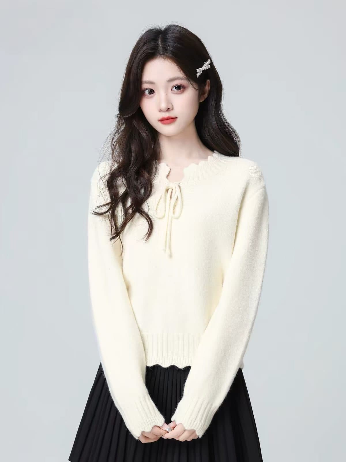 베이지 색 라운드 넥 스웨터 여자 봄 가을 2026 조기 가을 레이스업 루즈핏 레이스 인사이드 가져 가라. 니트 스웨터 쇼트 스타일 맨위 이미지 4