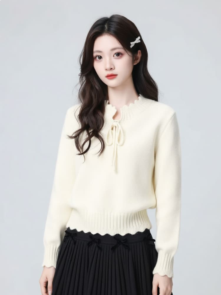 베이지 색 라운드 넥 스웨터 여자 봄 가을 2026 조기 가을 레이스업 루즈핏 레이스 인사이드 가져 가라. 니트 스웨터 쇼트 스타일 맨위 상세 이미지 1