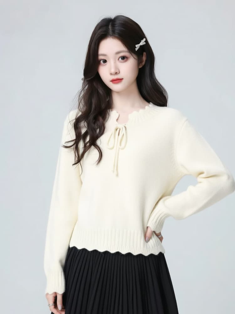베이지 색 라운드 넥 스웨터 여자 봄 가을 2026 조기 가을 레이스업 루즈핏 레이스 인사이드 가져 가라. 니트 스웨터 쇼트 스타일 맨위 상세 이미지 6