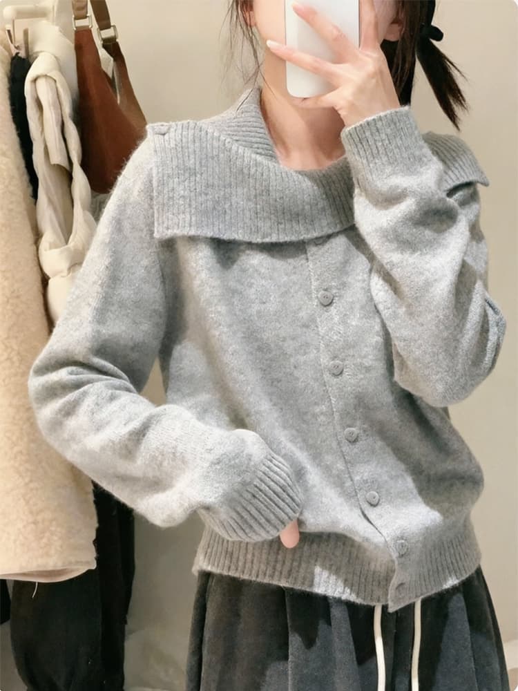 디자인 센스 작은 대중 회색 폴로 칼라 긴팔 니트 스웨터 여성 이른 봄 품격 Chic 불규칙 쇼트 스타일 오픈 가디건 맨위 상세 이미지 3