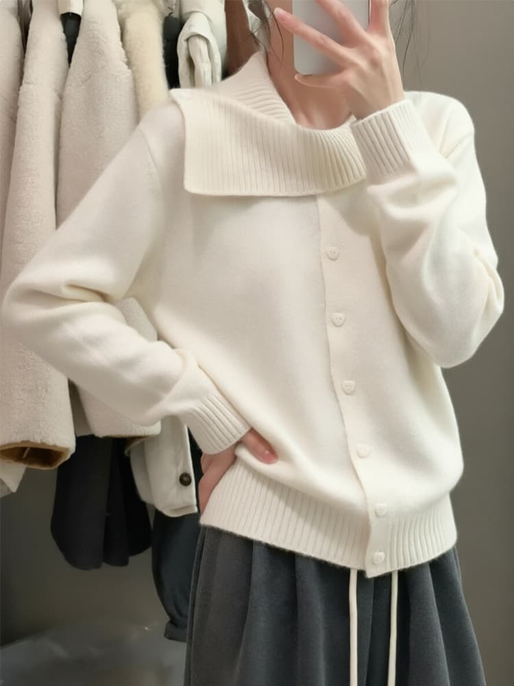 디자인 센스 작은 대중 회색 폴로 칼라 긴팔 니트 스웨터 여성 이른 봄 품격 Chic 불규칙 쇼트 스타일 오픈 가디건 맨위 상세 이미지 4