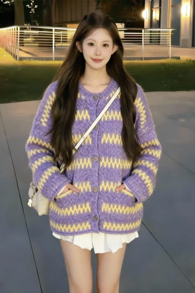 보존 섹션 추천 느긋한 바람 레트로 물결무늬 스트라이프 라운드 넥 스웨터 오픈 가디건 여성 겨울 루즈핏 니트 재킷 이미지 7