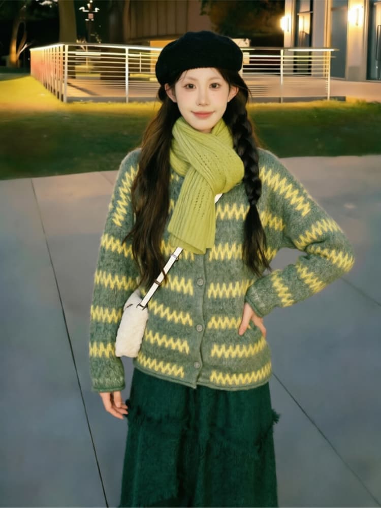 보존 섹션 추천 느긋한 바람 레트로 물결무늬 스트라이프 라운드 넥 스웨터 오픈 가디건 여성 겨울 루즈핏 니트 재킷 상세 이미지 14