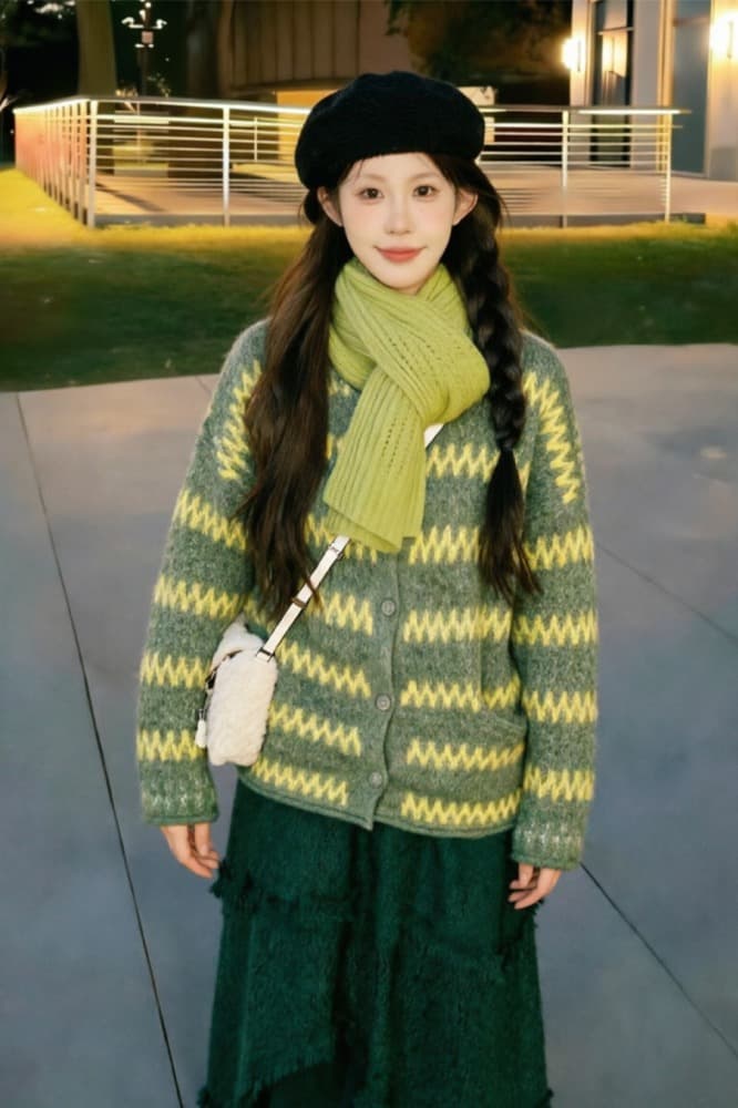 보존 섹션 추천 느긋한 바람 레트로 물결무늬 스트라이프 라운드 넥 스웨터 오픈 가디건 여성 겨울 루즈핏 니트 재킷 이미지 6