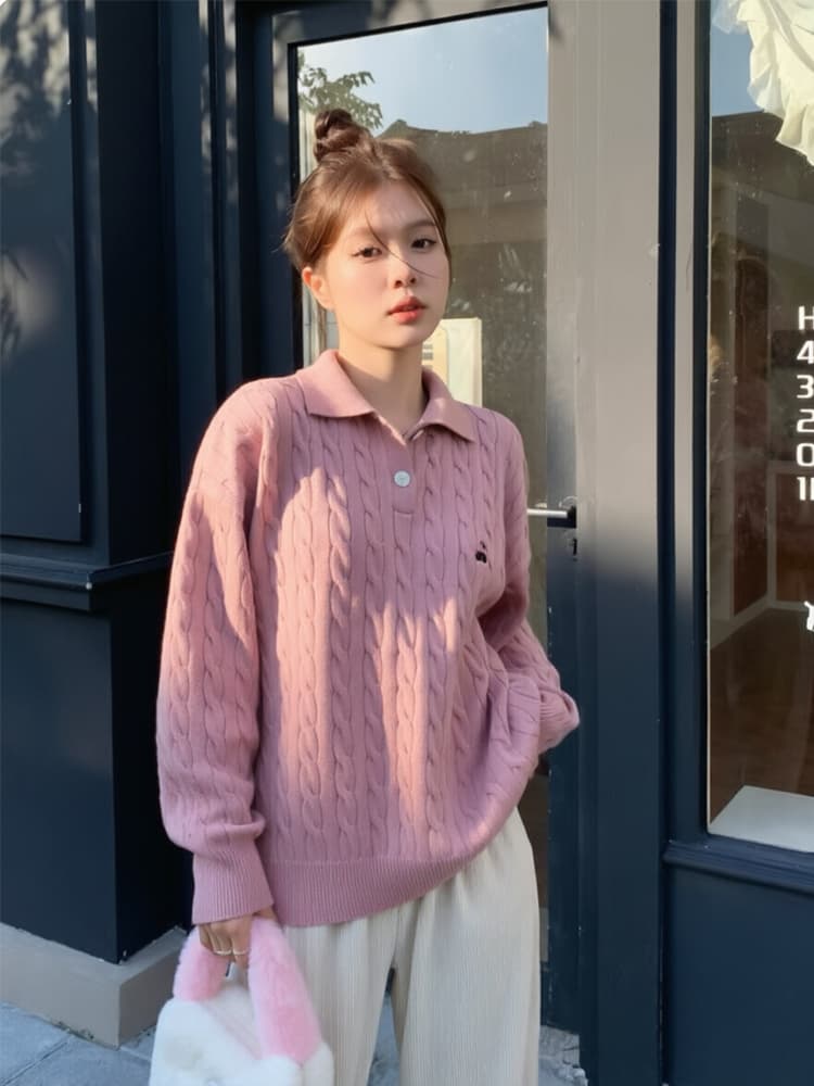 무거운 아메리칸 레트로 POLO 칼라 스웨터 여자 가을 겨울 인사이드 가져 가라. 한 부서 파란색 맨위 포함 양모 니트 스웨터