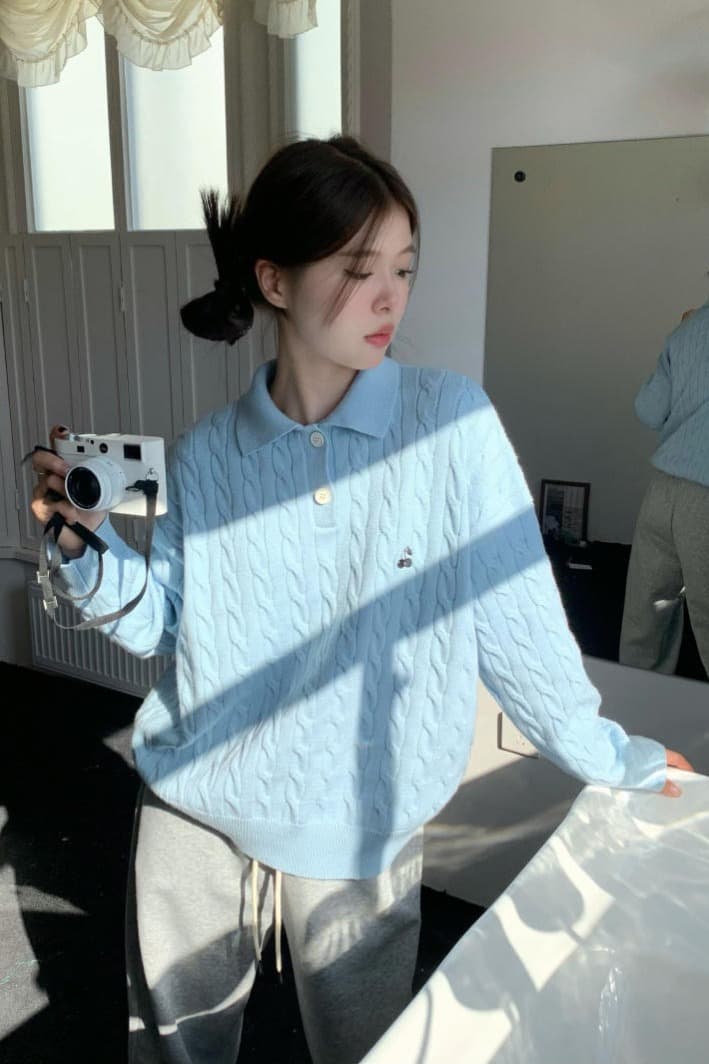 무거운 아메리칸 레트로 POLO 칼라 스웨터 여자 가을 겨울 인사이드 가져 가라. 한 부서 파란색 맨위 포함 양모 니트 스웨터 이미지 6