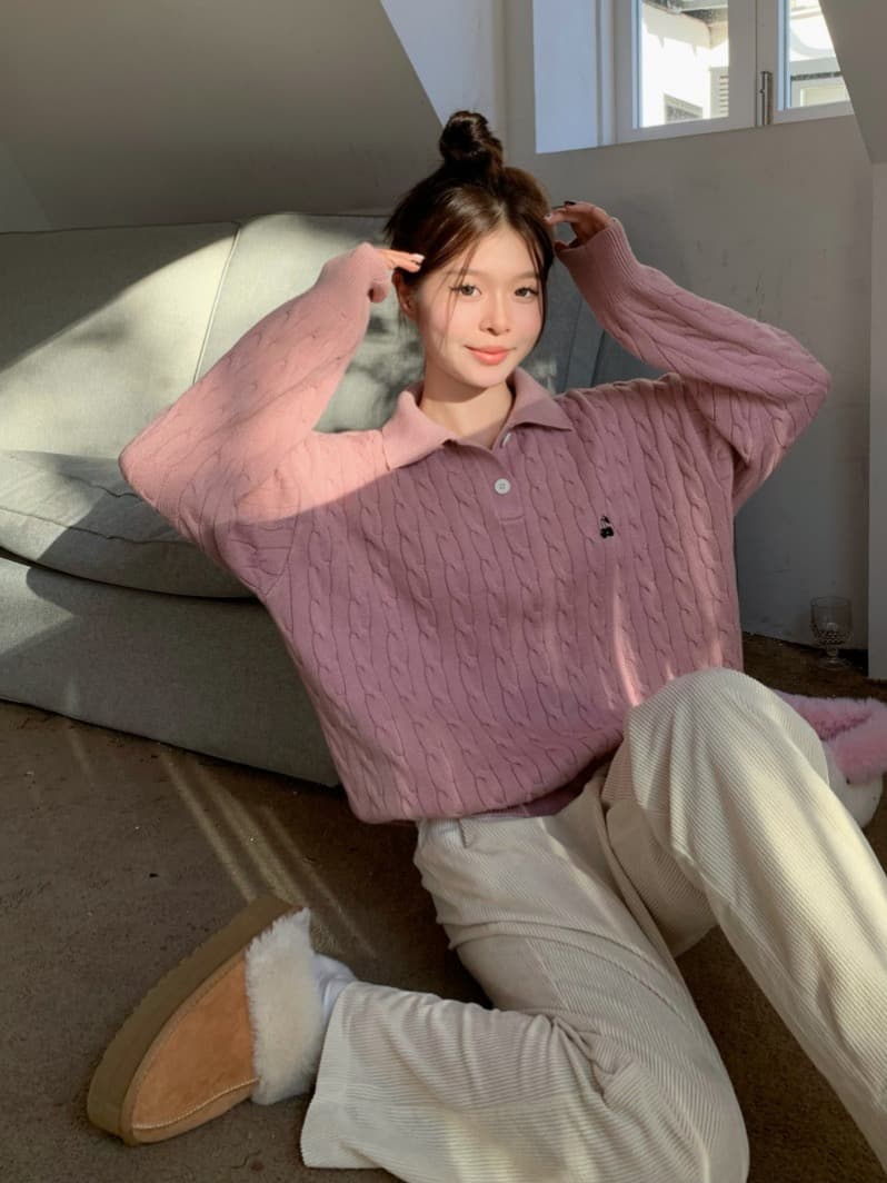 무거운 아메리칸 레트로 POLO 칼라 스웨터 여자 가을 겨울 인사이드 가져 가라. 한 부서 파란색 맨위 포함 양모 니트 스웨터 상세 이미지 2