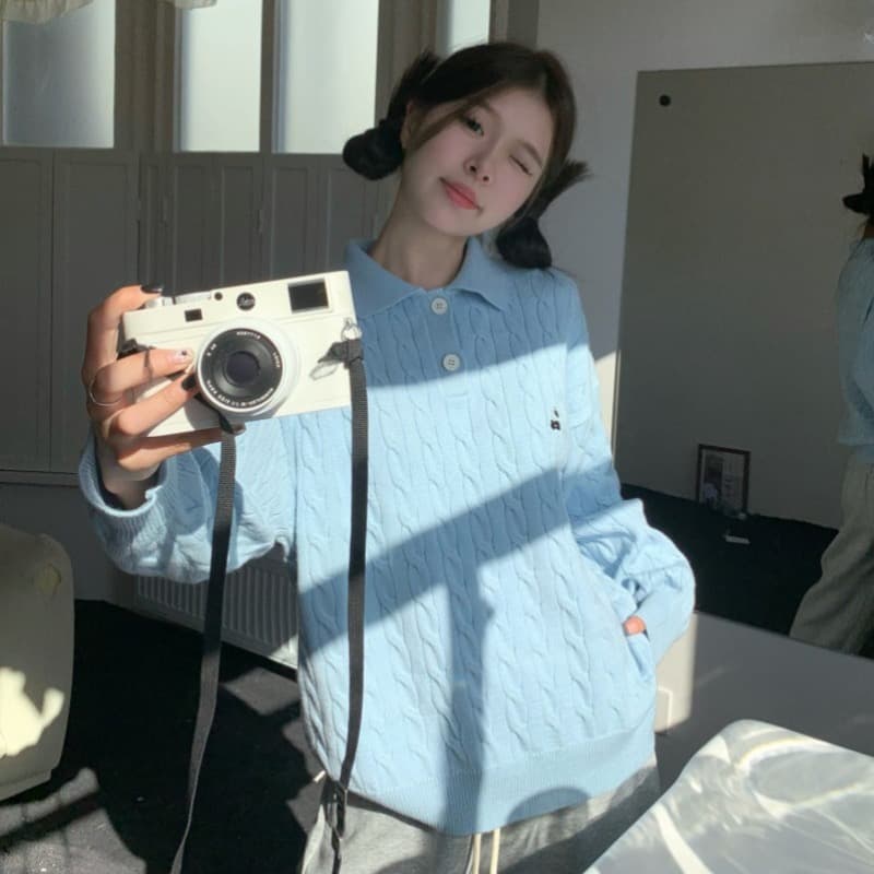 무거운 아메리칸 레트로 POLO 칼라 스웨터 여자 가을 겨울 인사이드 가져 가라. 한 부서 파란색 맨위 포함 양모 니트 스웨터 상세 이미지 3