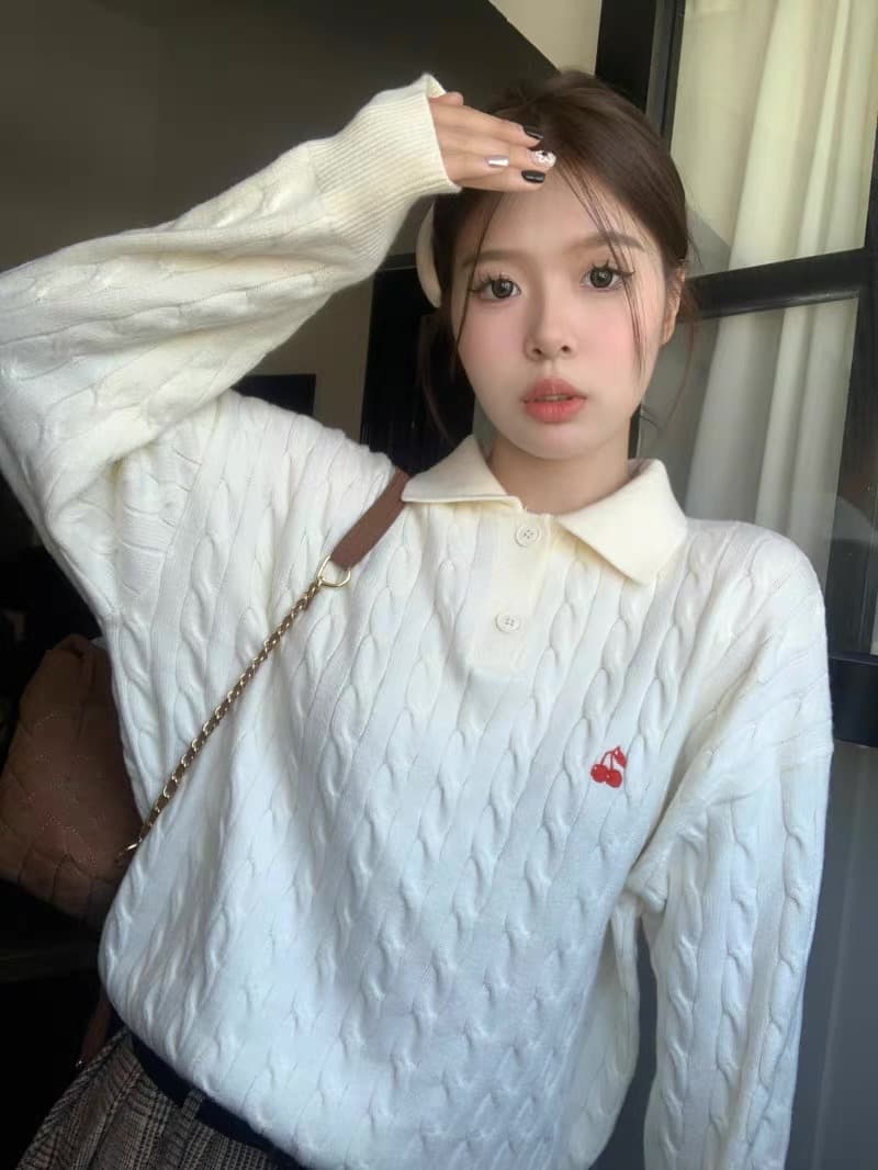 무거운 아메리칸 레트로 POLO 칼라 스웨터 여자 가을 겨울 인사이드 가져 가라. 한 부서 파란색 맨위 포함 양모 니트 스웨터 상세 이미지 7