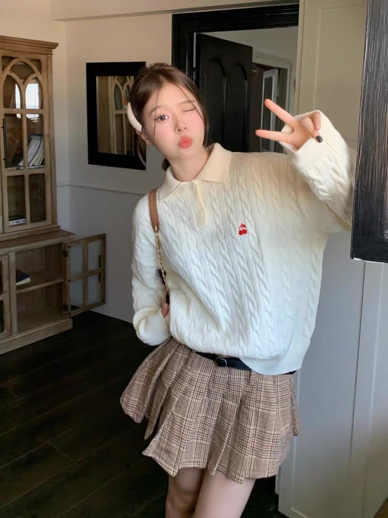 무거운 아메리칸 레트로 POLO 칼라 스웨터 여자 가을 겨울 인사이드 가져 가라. 한 부서 파란색 맨위 포함 양모 니트 스웨터 상세 이미지 8
