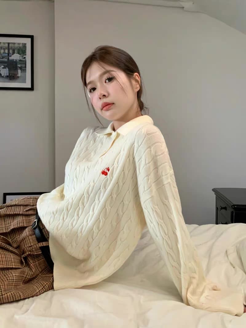 무거운 아메리칸 레트로 POLO 칼라 스웨터 여자 가을 겨울 인사이드 가져 가라. 한 부서 파란색 맨위 포함 양모 니트 스웨터 상세 이미지 9
