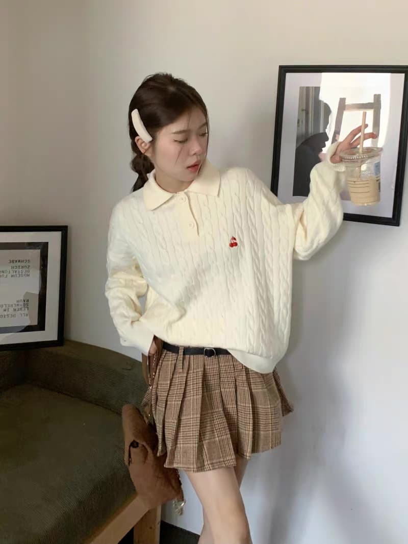 무거운 아메리칸 레트로 POLO 칼라 스웨터 여자 가을 겨울 인사이드 가져 가라. 한 부서 파란색 맨위 포함 양모 니트 스웨터 상세 이미지 10