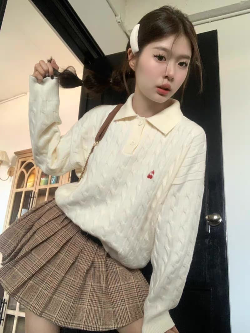 무거운 아메리칸 레트로 POLO 칼라 스웨터 여자 가을 겨울 인사이드 가져 가라. 한 부서 파란색 맨위 포함 양모 니트 스웨터 상세 이미지 11