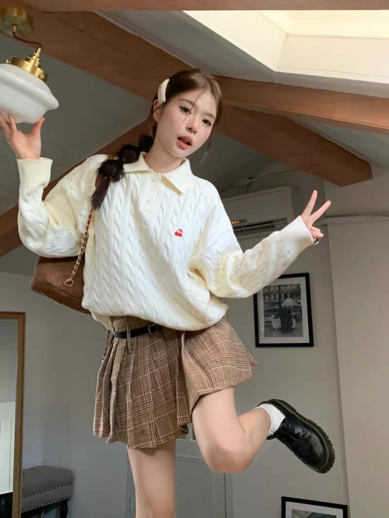 무거운 아메리칸 레트로 POLO 칼라 스웨터 여자 가을 겨울 인사이드 가져 가라. 한 부서 파란색 맨위 포함 양모 니트 스웨터 상세 이미지 13