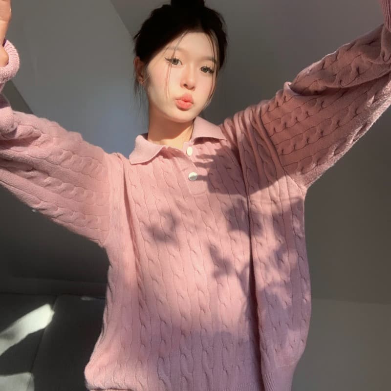 무거운 아메리칸 레트로 POLO 칼라 스웨터 여자 가을 겨울 인사이드 가져 가라. 한 부서 파란색 맨위 포함 양모 니트 스웨터 상세 이미지 17