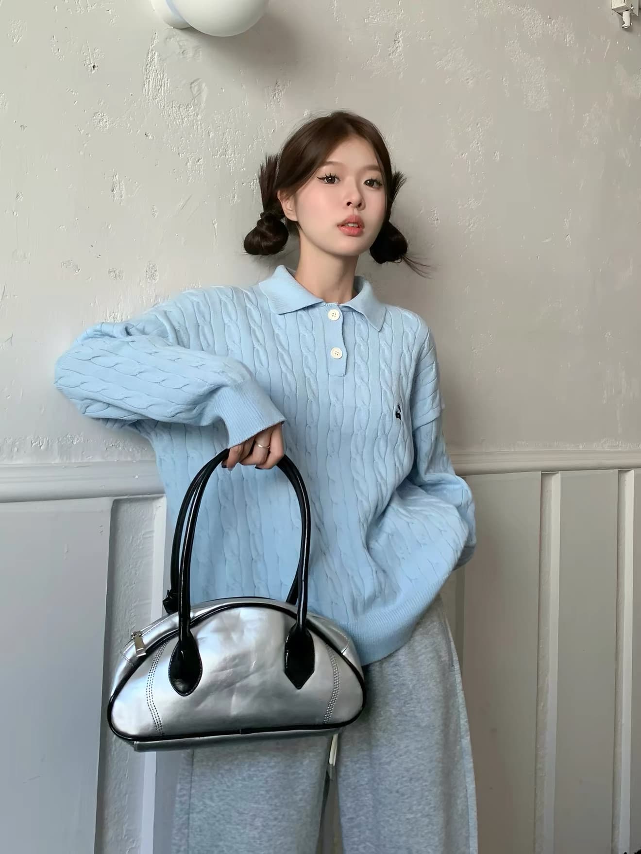 무거운 아메리칸 레트로 POLO 칼라 스웨터 여자 가을 겨울 인사이드 가져 가라. 한 부서 파란색 맨위 포함 양모 니트 스웨터 상세 이미지 18