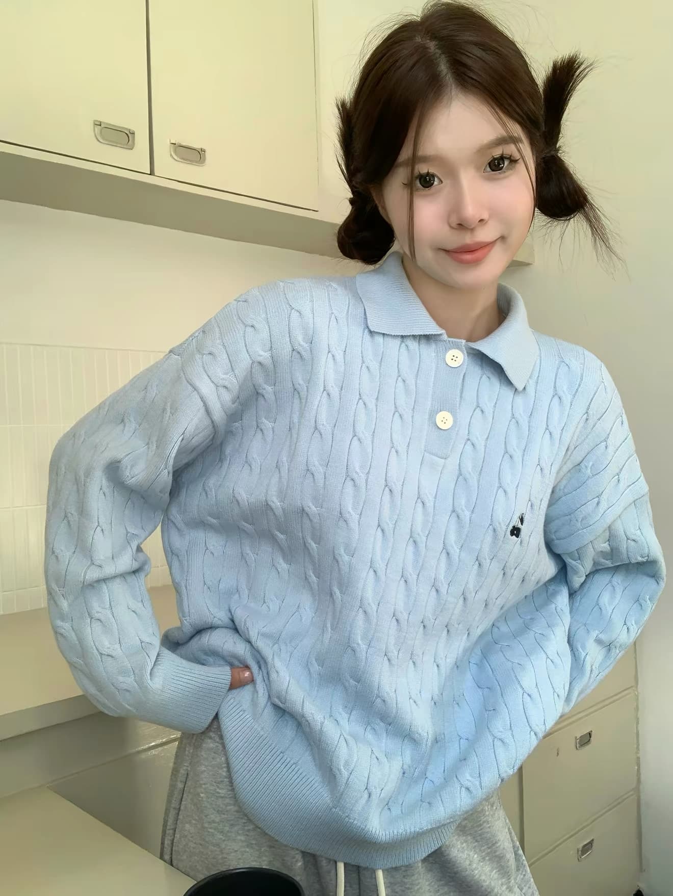 무거운 아메리칸 레트로 POLO 칼라 스웨터 여자 가을 겨울 인사이드 가져 가라. 한 부서 파란색 맨위 포함 양모 니트 스웨터 상세 이미지 19