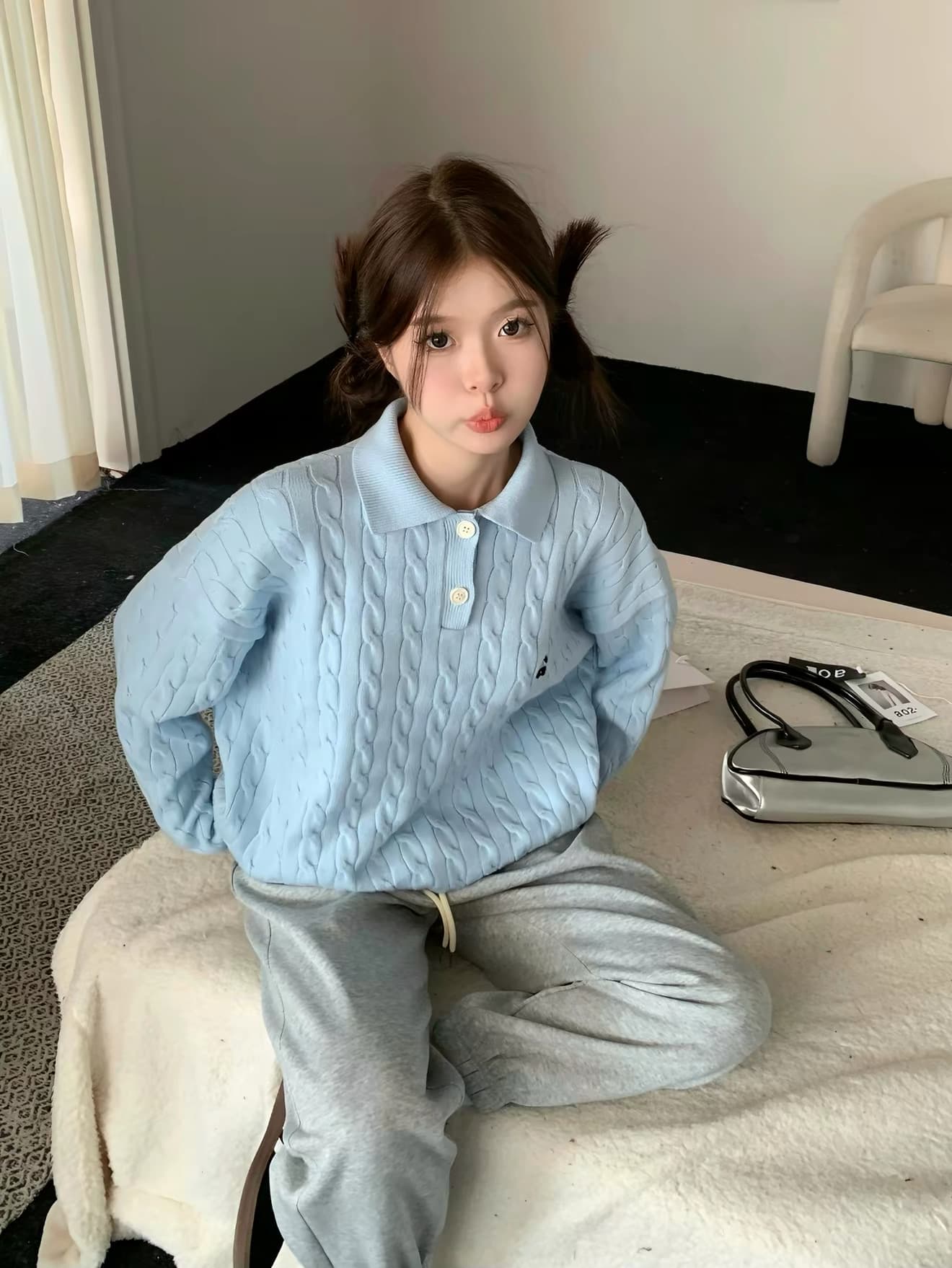 무거운 아메리칸 레트로 POLO 칼라 스웨터 여자 가을 겨울 인사이드 가져 가라. 한 부서 파란색 맨위 포함 양모 니트 스웨터 상세 이미지 20
