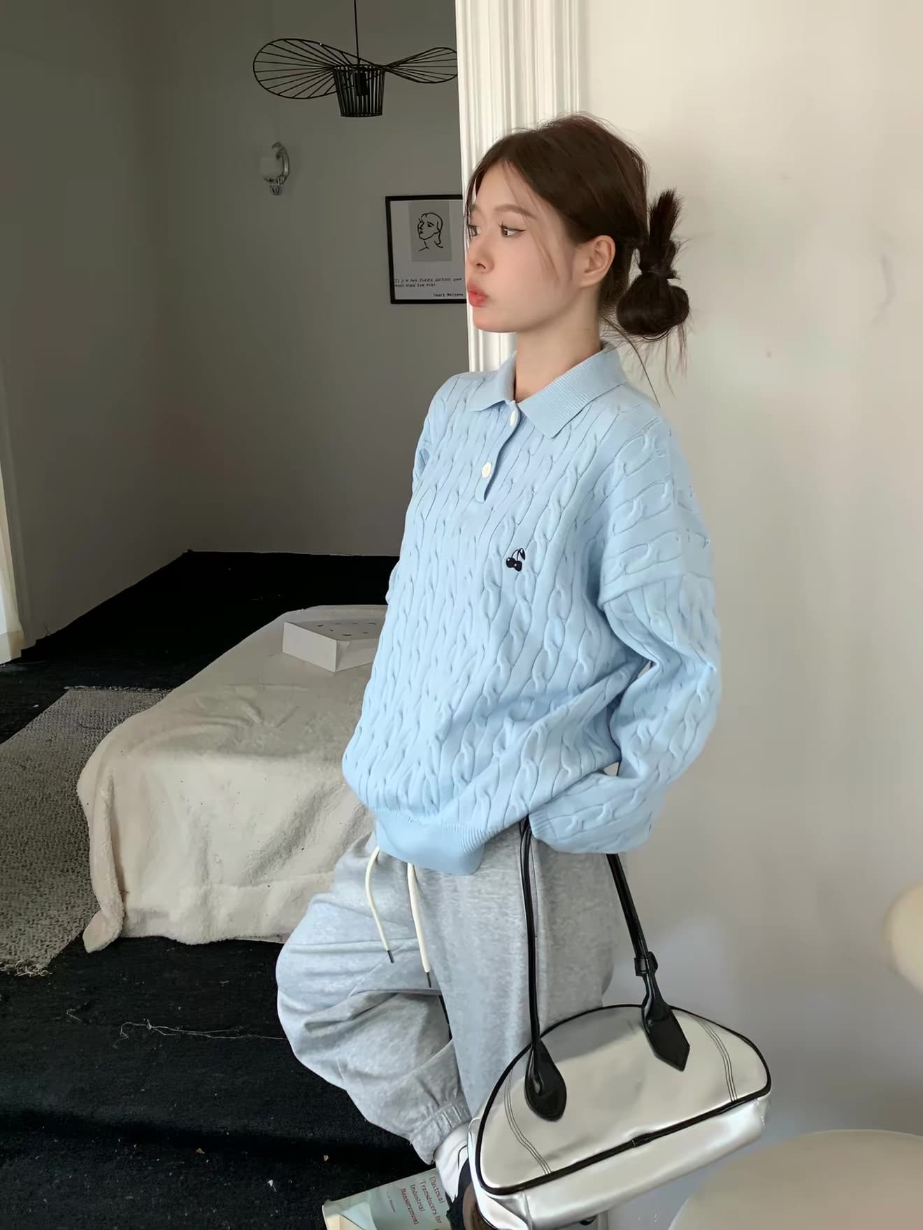 무거운 아메리칸 레트로 POLO 칼라 스웨터 여자 가을 겨울 인사이드 가져 가라. 한 부서 파란색 맨위 포함 양모 니트 스웨터 상세 이미지 21