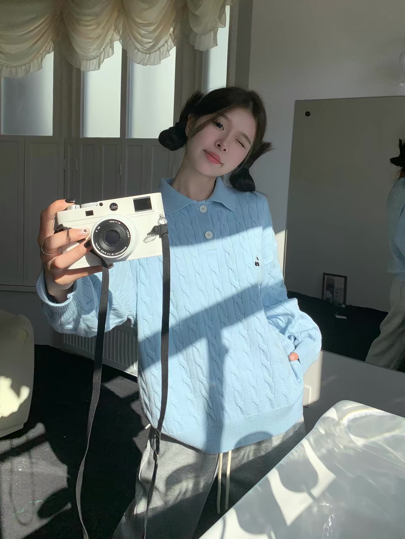 무거운 아메리칸 레트로 POLO 칼라 스웨터 여자 가을 겨울 인사이드 가져 가라. 한 부서 파란색 맨위 포함 양모 니트 스웨터 상세 이미지 22