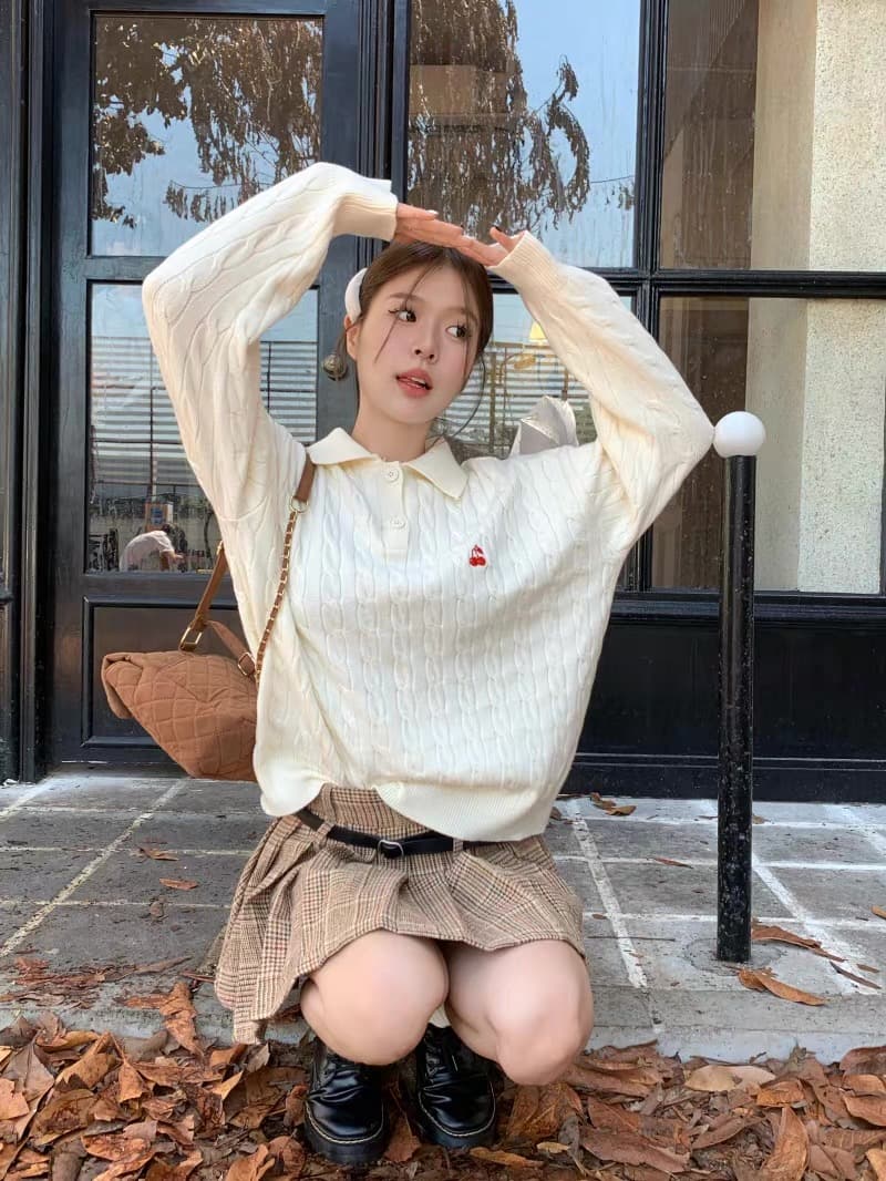 무거운 아메리칸 레트로 POLO 칼라 스웨터 여자 가을 겨울 인사이드 가져 가라. 한 부서 파란색 맨위 포함 양모 니트 스웨터 상세 이미지 26