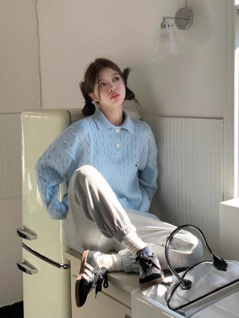 무거운 아메리칸 레트로 POLO 칼라 스웨터 여자 가을 겨울 인사이드 가져 가라. 한 부서 파란색 맨위 포함 양모 니트 스웨터 상세 이미지 28