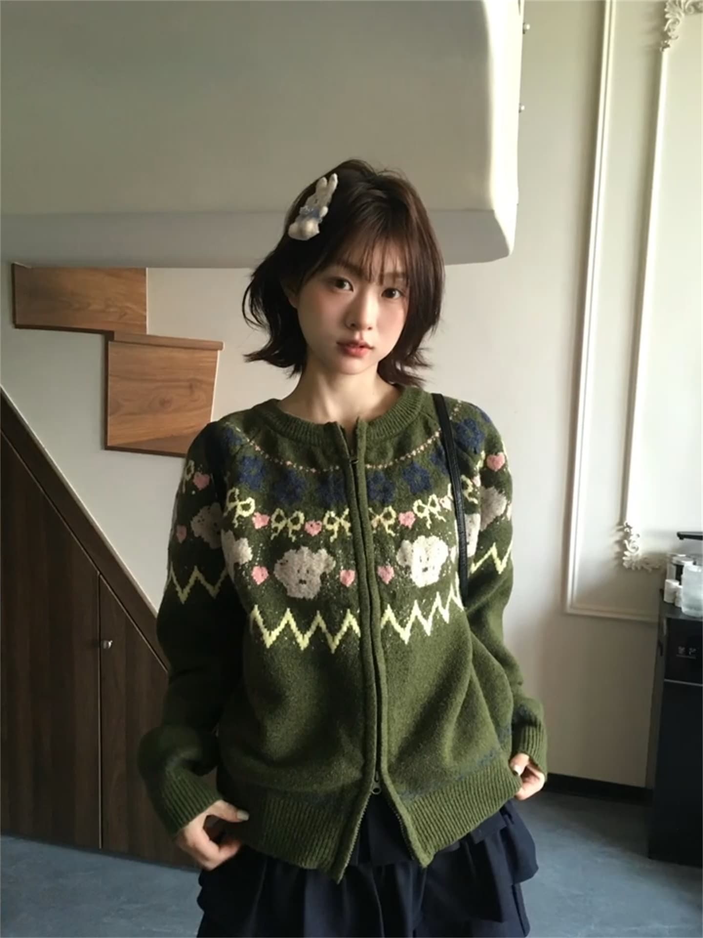 녹색 레트로 공정한 섬 스웨터 오픈 가디건 여성 2026 새로운 가을 겨울철 크리스마스 착용 가져 가라. 와이드 부드러운 찹쌀 두꺼움 맨위 상세 이미지 4