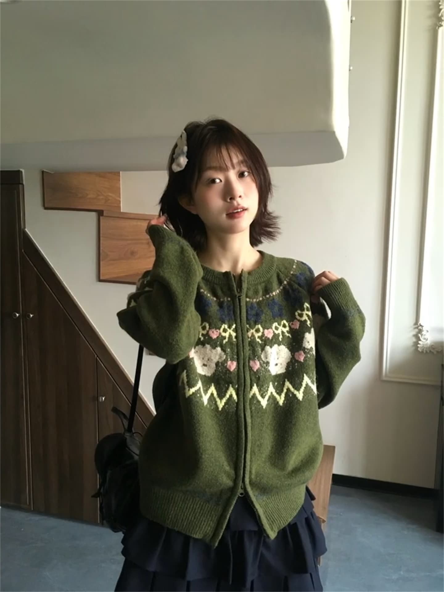 녹색 레트로 공정한 섬 스웨터 오픈 가디건 여성 2026 새로운 가을 겨울철 크리스마스 착용 가져 가라. 와이드 부드러운 찹쌀 두꺼움 맨위 상세 이미지 6