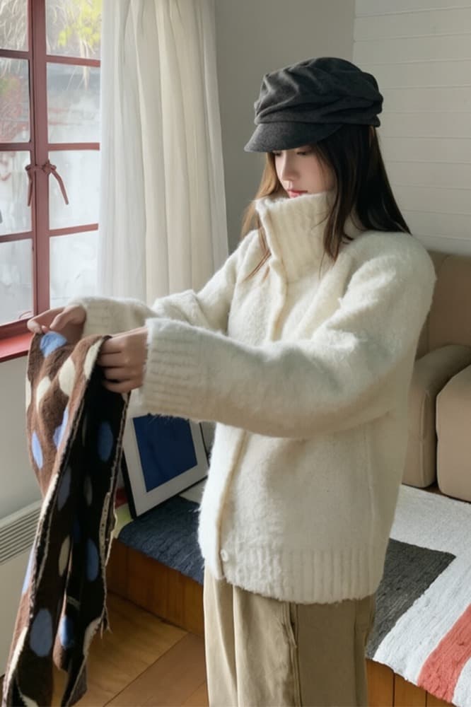 2026 새로운 하늘색 부드러운 찹쌀 느긋한 바람 스탠드 칼라 루즈핏 스웨터 카디건 코트 이미지 7