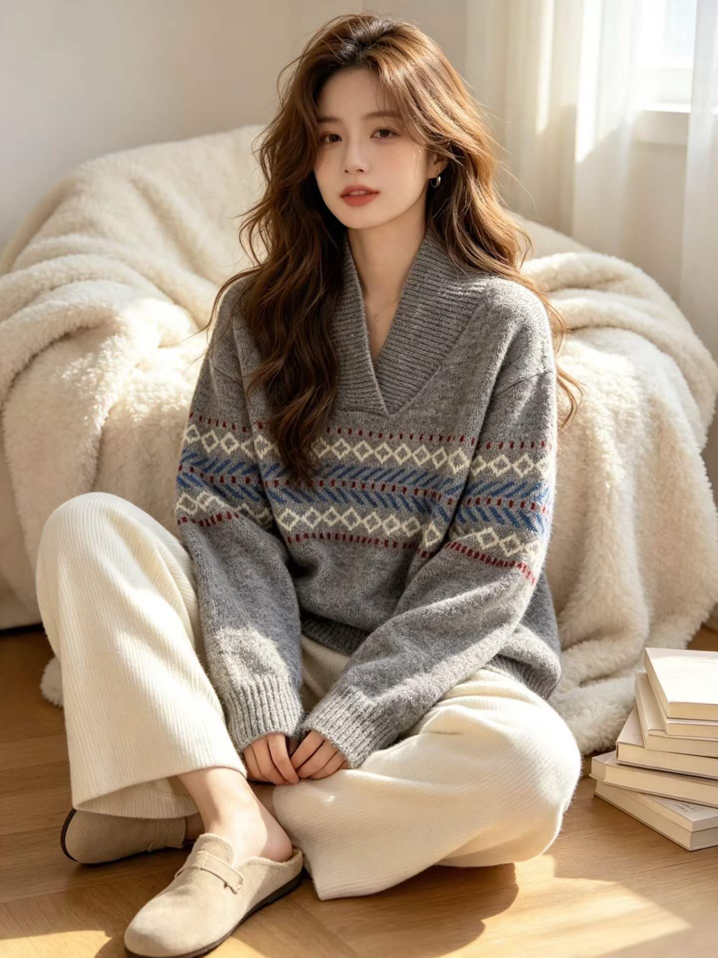 2026 새로운 레트로 V넥 풀오버 털 셔츠 니트 긴 소매 스웨터 여자 겨울 새로운 루즈핏 슬림해 보이는