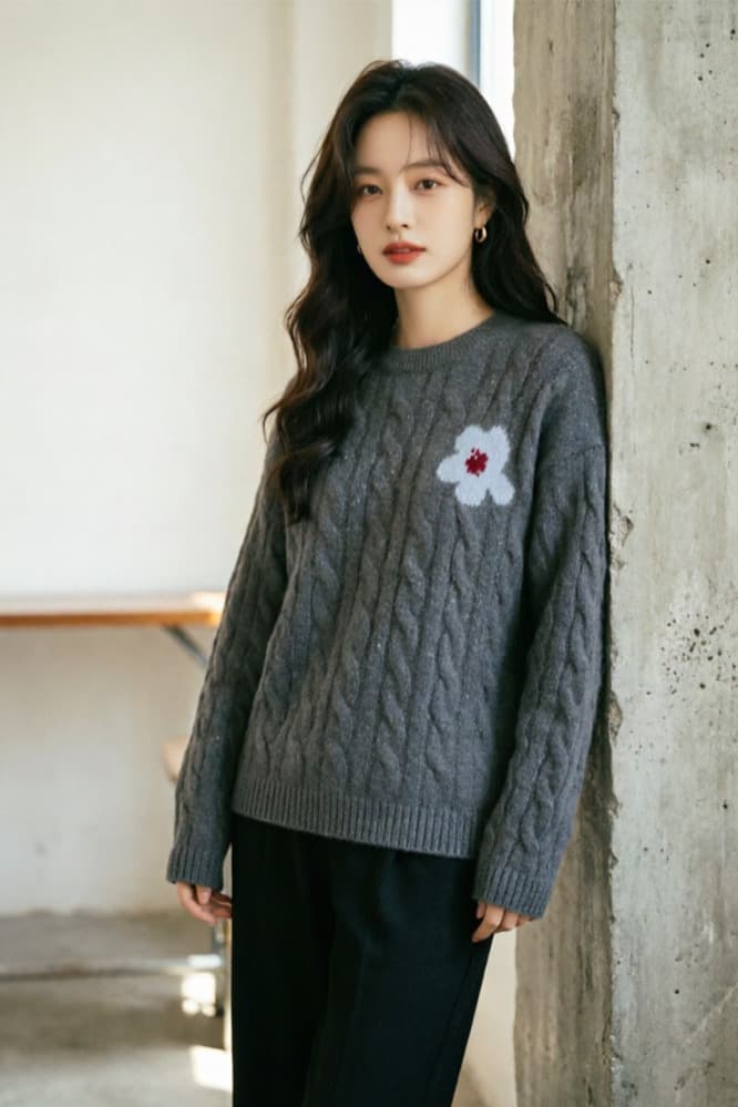 느긋한 바람 화이트 꽈배기 라운드 넥 양모 스웨터 여성 긴 소매 루즈핏 디스플레이 팬 꽃 니트 스웨터 2026 가을 겨울 신제품 이미지 6