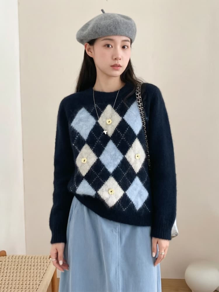 아름다움 라드. 착용 가져 가라. 링 그리드 자카드 부드러운 찹쌀 스웨터 풀오버 여성 루즈핏 겨울 두꺼운 인사이드 가져 가라. 니트 스웨터 맨위 여성