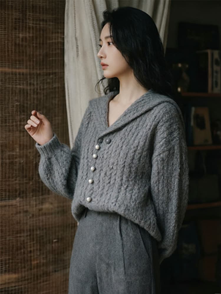 느긋한 해군 칼라 꽈배기 스웨터 여자 겨울 회색 니트 스웨터 인사이드 가져 가라. 만나는 2026 슈퍼 화재 연령 감소 맨위 이미지 2