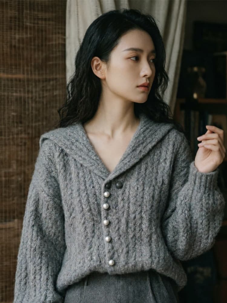 느긋한 해군 칼라 꽈배기 스웨터 여자 겨울 회색 니트 스웨터 인사이드 가져 가라. 만나는 2026 슈퍼 화재 연령 감소 맨위 이미지 3