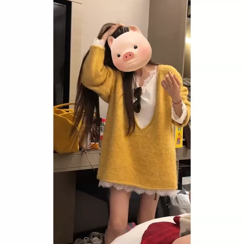 프랑스식 레트로 느긋한 바람 다용도 레이스 조각 맨위 빅 브이 넥 긴팔 자연 볼륨 측면 스웨터 세트 여성 가을 상세 이미지 1