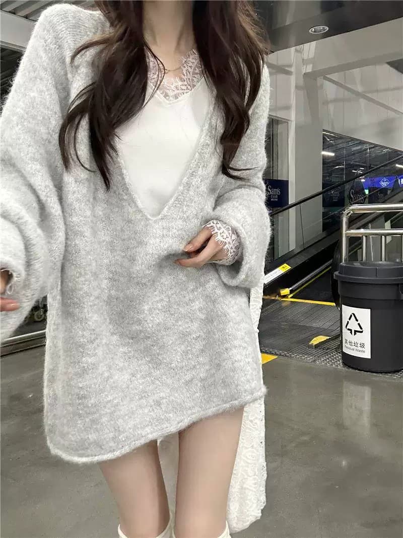 프랑스식 레트로 느긋한 바람 다용도 레이스 조각 맨위 빅 브이 넥 긴팔 자연 볼륨 측면 스웨터 세트 여성 가을 상세 이미지 17