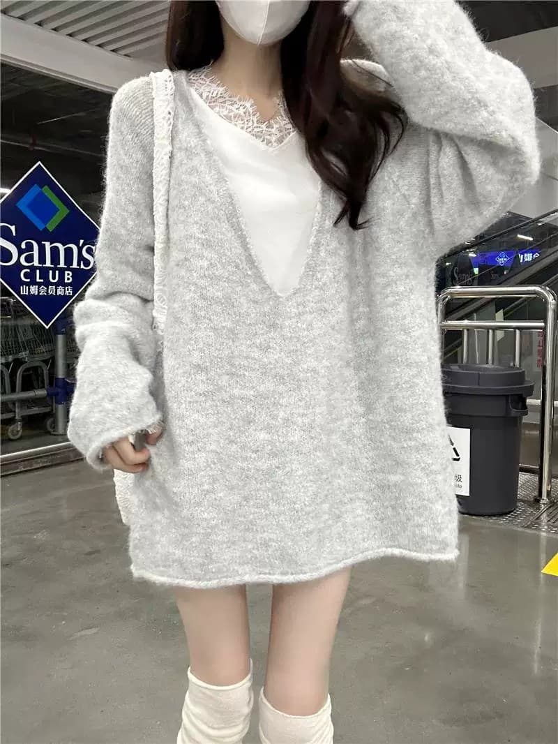 프랑스식 레트로 느긋한 바람 다용도 레이스 조각 맨위 빅 브이 넥 긴팔 자연 볼륨 측면 스웨터 세트 여성 가을 상세 이미지 18
