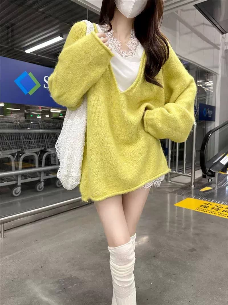 프랑스식 레트로 느긋한 바람 다용도 레이스 조각 맨위 빅 브이 넥 긴팔 자연 볼륨 측면 스웨터 세트 여성 가을 상세 이미지 23
