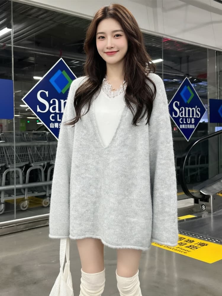 프랑스식 레트로 느긋한 바람 다용도 레이스 조각 맨위 빅 브이 넥 긴팔 자연 볼륨 측면 스웨터 세트 여성 가을